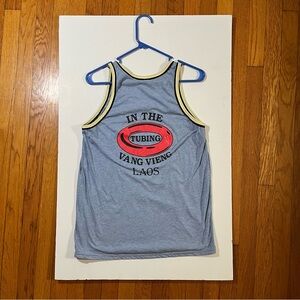Vintage 2011 Vang Vieng, Laos “In the Tubing” Men’s M Tank Top, well worn, blue